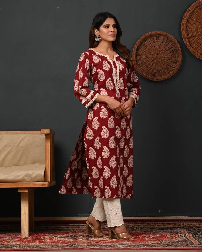 RAINDROP Women's Cotton Kurta - Maroon - Image 4