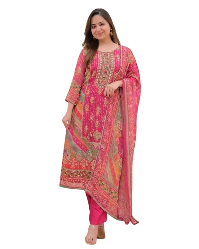 BHARVITA Pink Cotton Kurta Dupatta Pant Set for Women