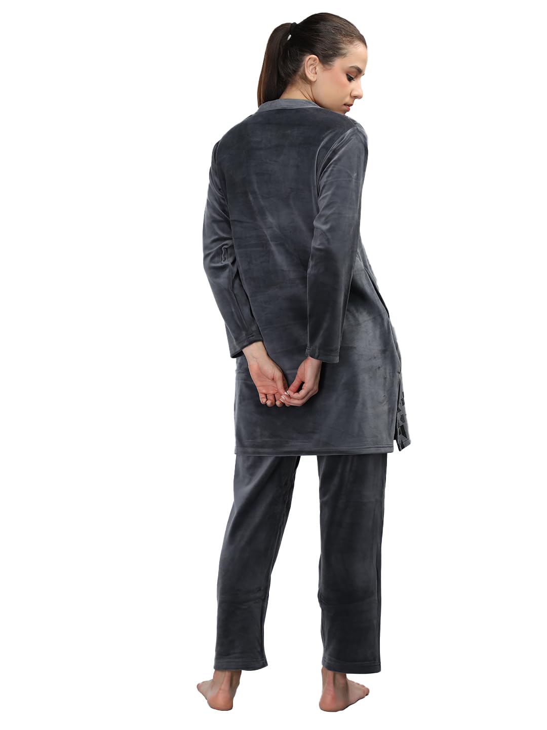 Duchess Women's Velvet Printed Night Suit - Dark-Blue - Image 3