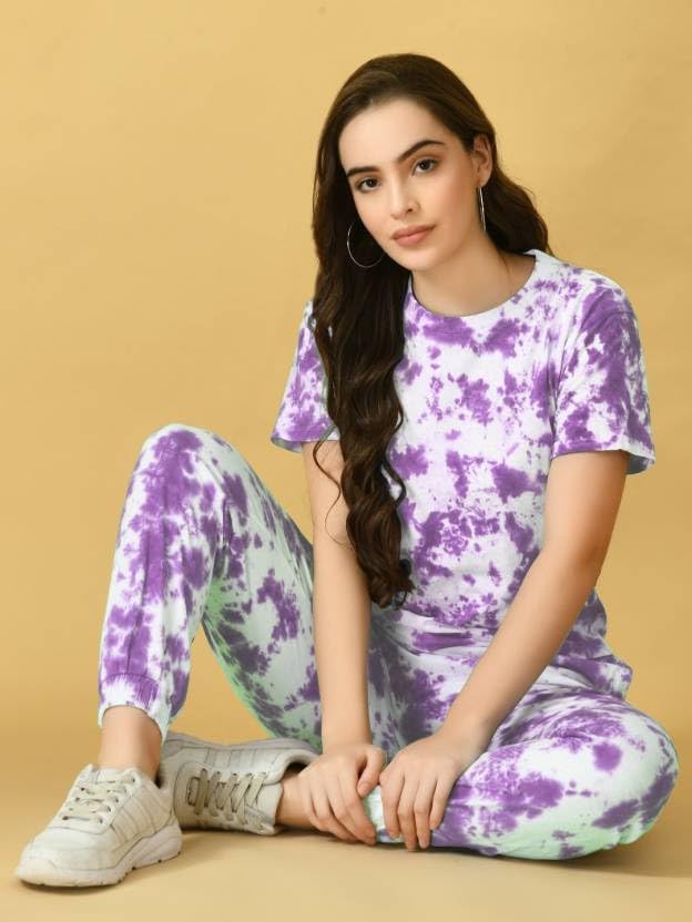 ELLITI Women Tie-Dye Printed Crop T-Shirt Night Suit - Image 4