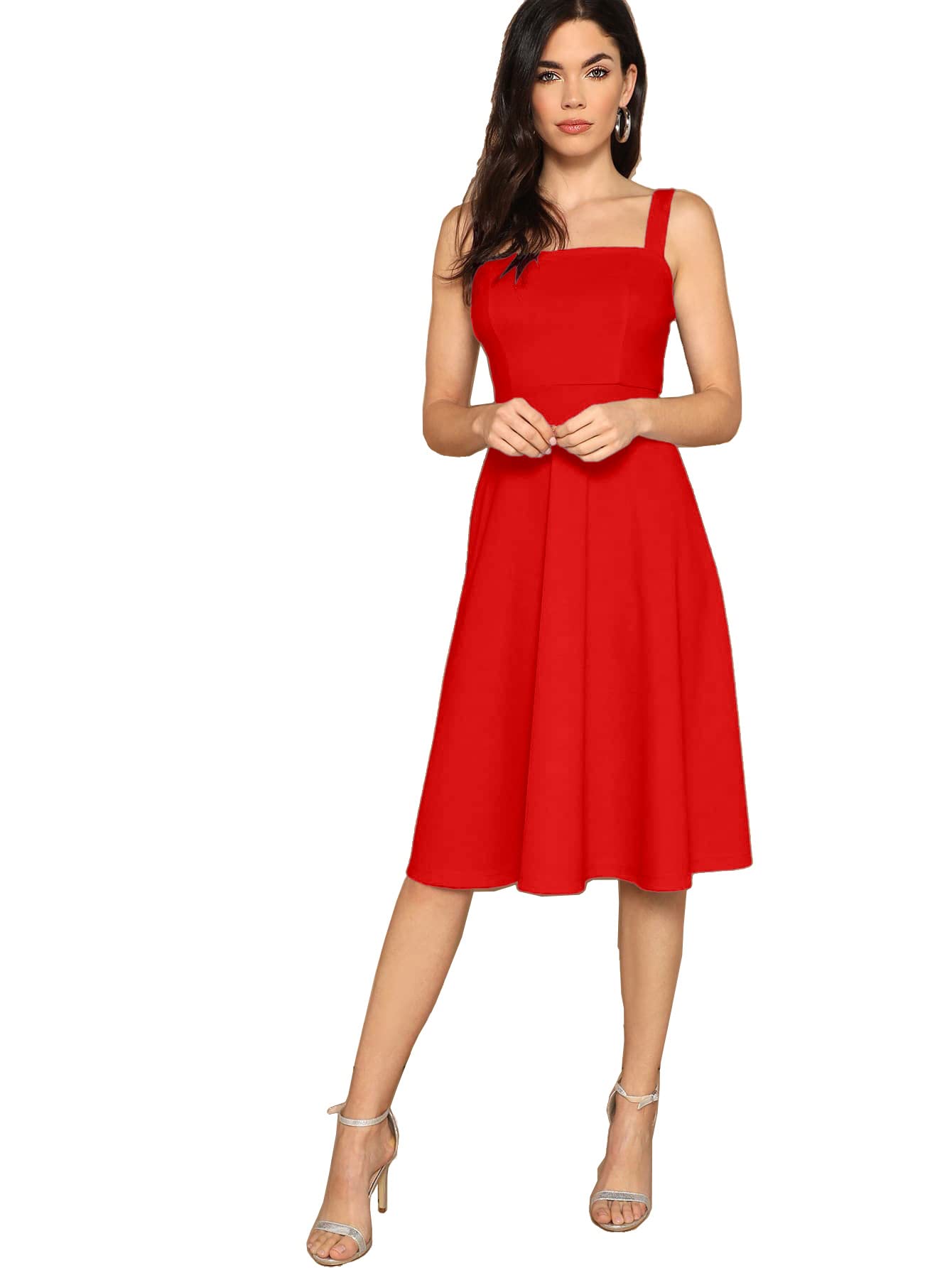 Aahwan Women's Red Fit and Flare Midi Tank Dress