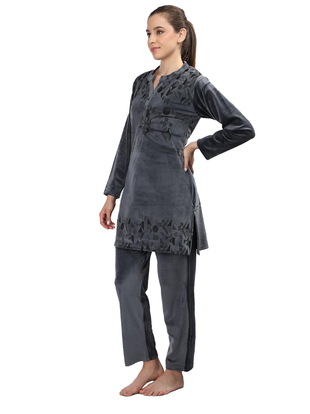 Duchess Women's Velvet Printed Night Suit - Dark-Blue - Image 4