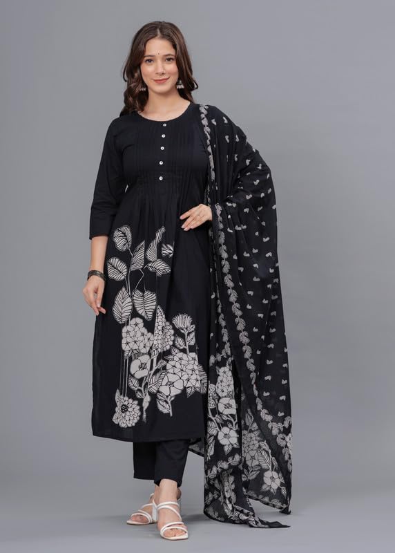 Arayna Women's Cotton Printed Kurta Set with Palazzo & Dupatta - Black - Image 2