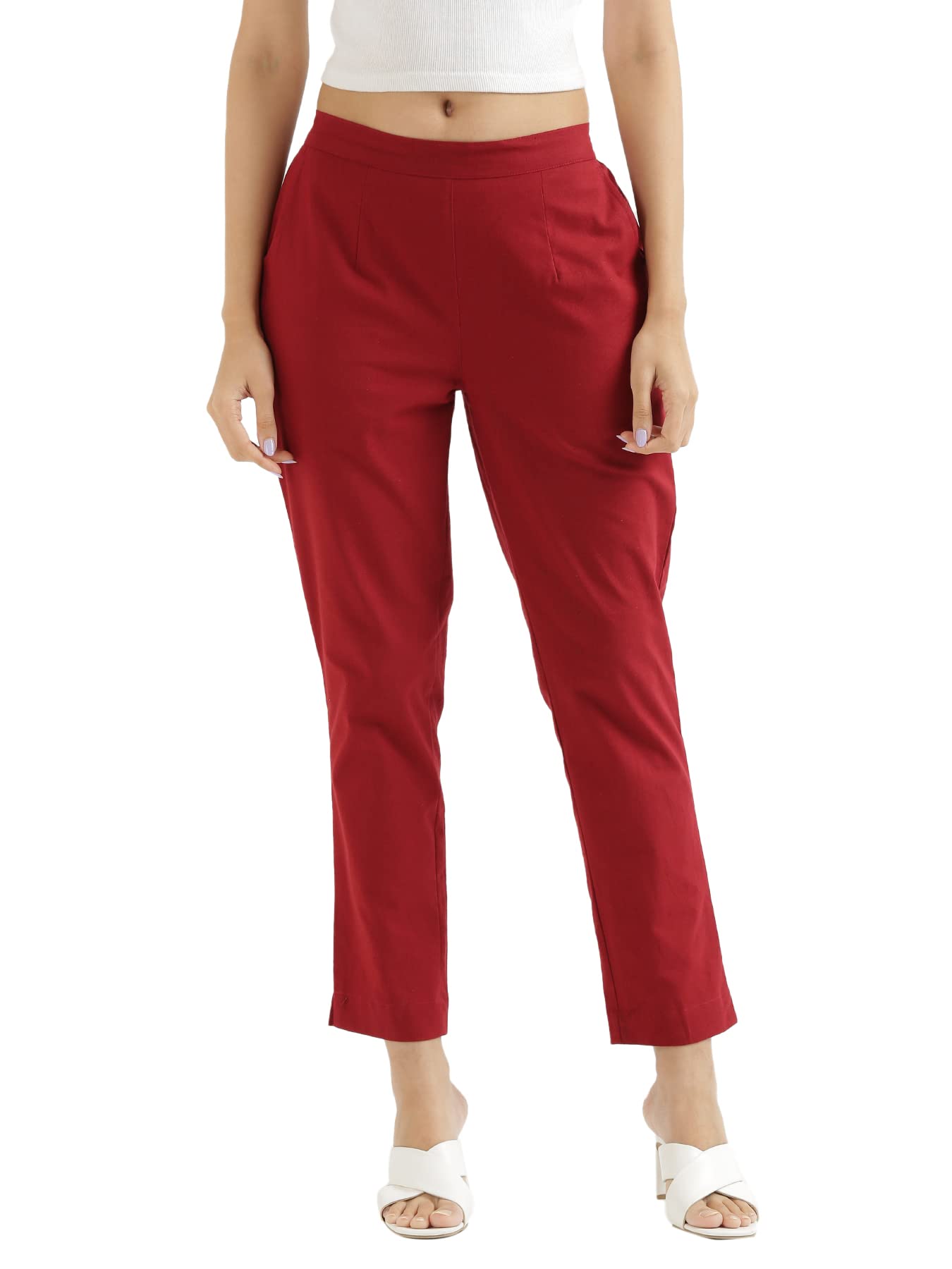SAADAA Women's Cotton Trousers - Maroon