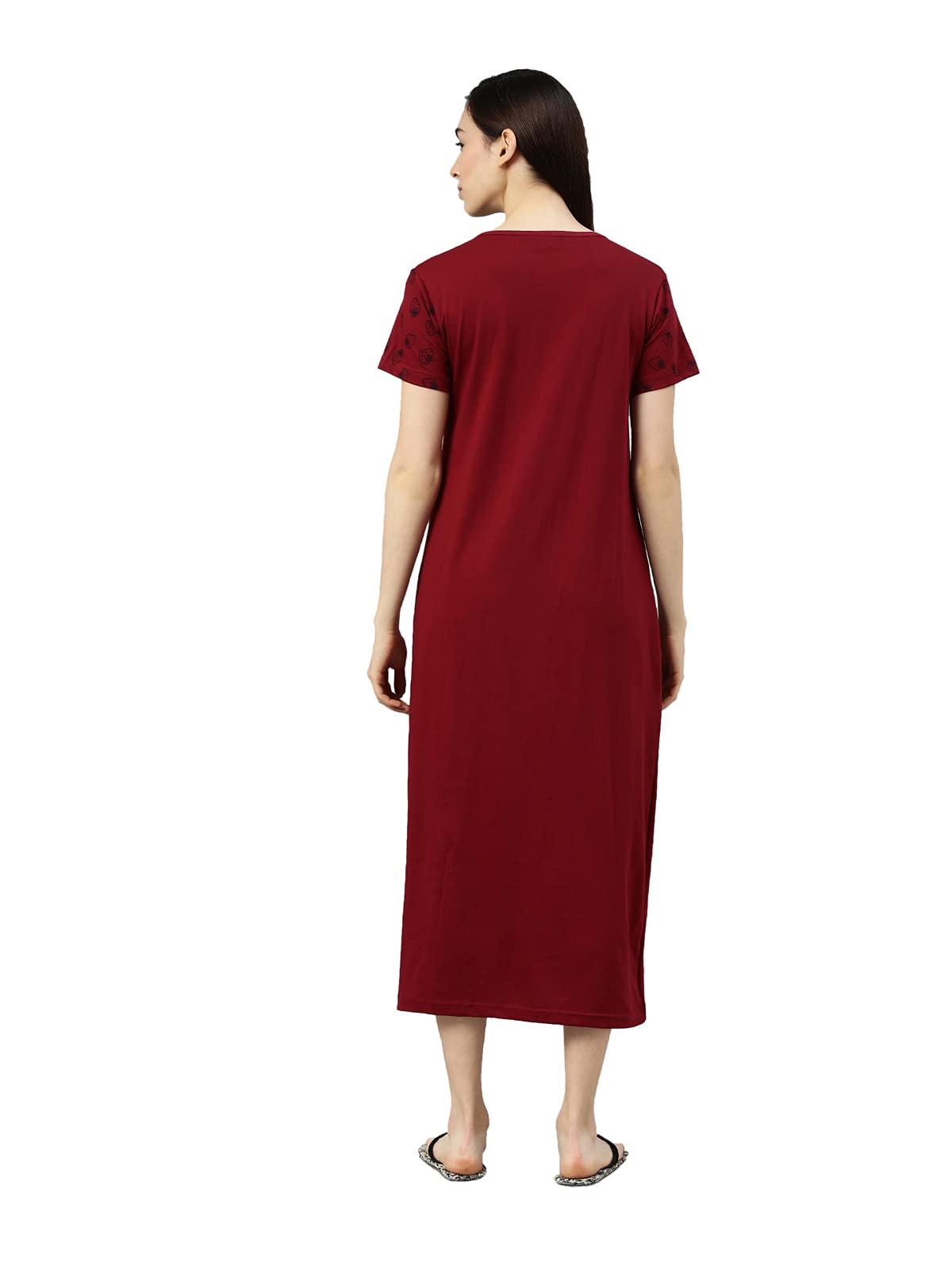 KRYPTIC Maroon Cotton Printed Maxi Nightdress for Women - Image 4