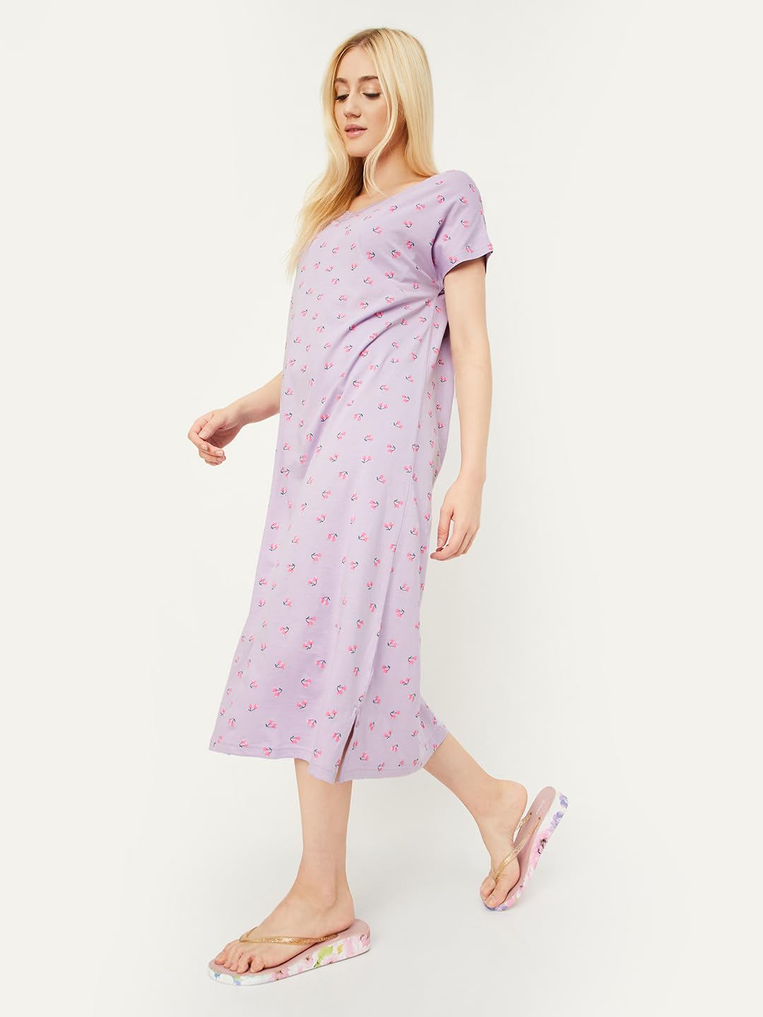 Max Women Cotton Calf Length Nightgown - Lilac - Image 3