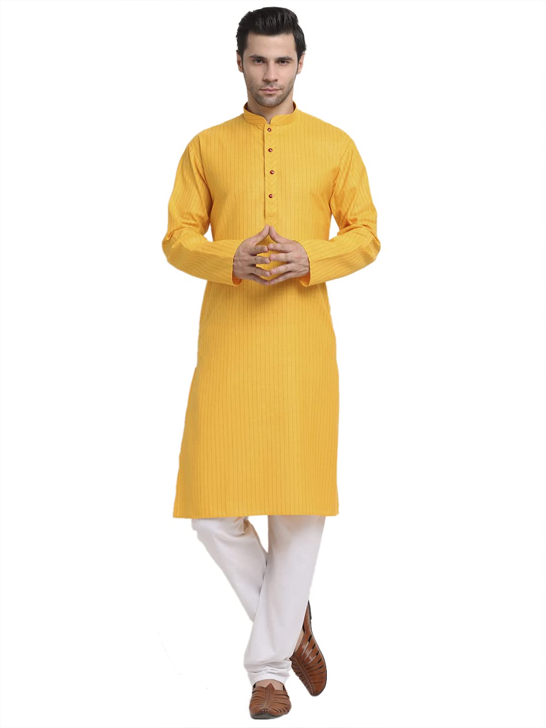 KRAFT INDIA Men Kurta Pyjama Set - Mustard Striped Cotton