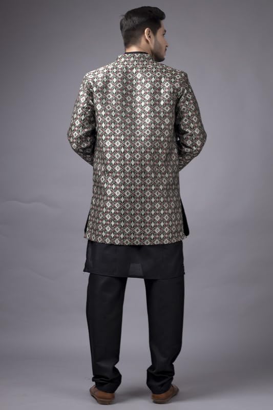 Amzira Men Black Kurta Pajama Set with Long Jacket - Image 3