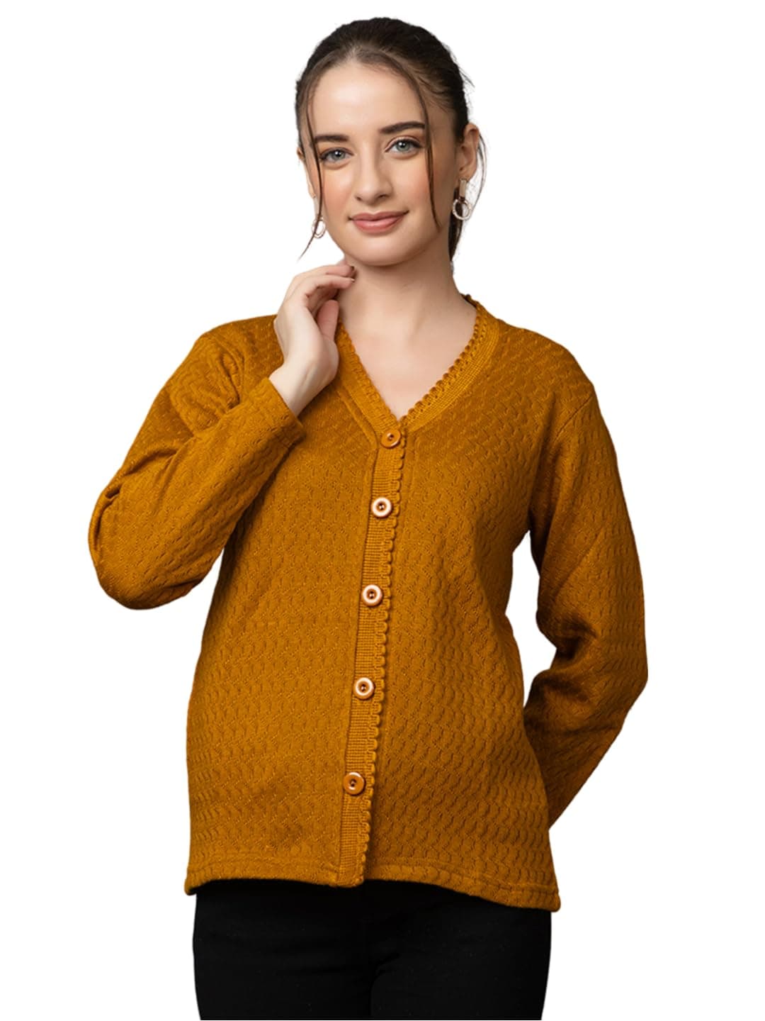 Prashar Women's Woolen V-Neck Cardigan - Gold