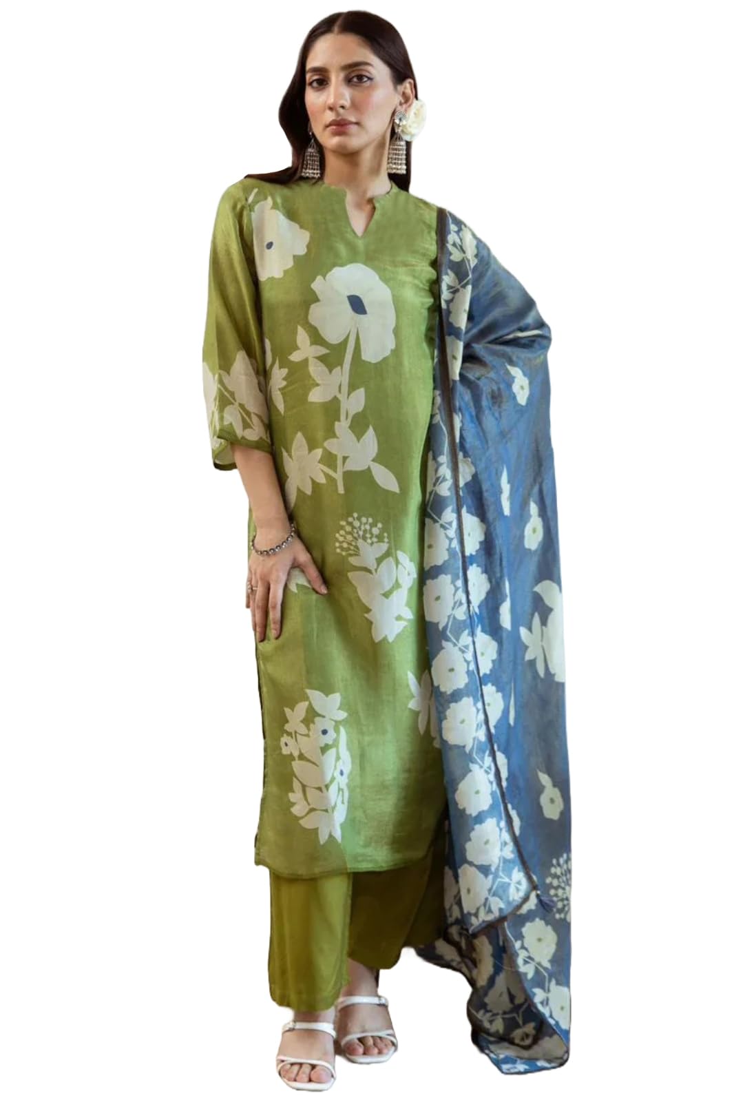 ANNI DESIGNER Women's Rayon Printed Kurta with Pant & Dupatta - Green