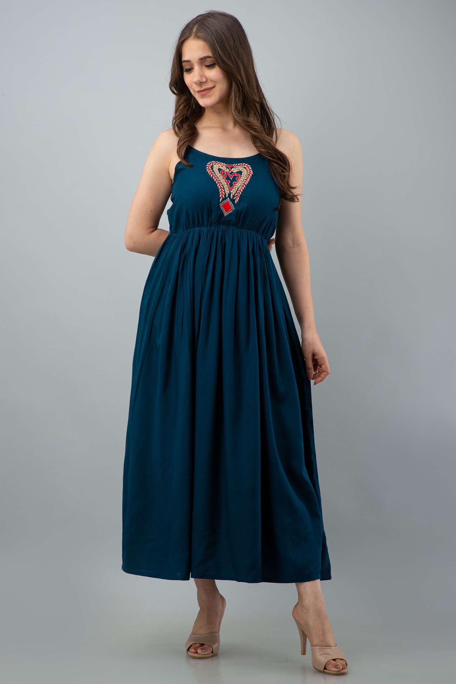 GarbGlide Women's Rayon Embroidered Anarkali Dress - Royal Blue - Image 3