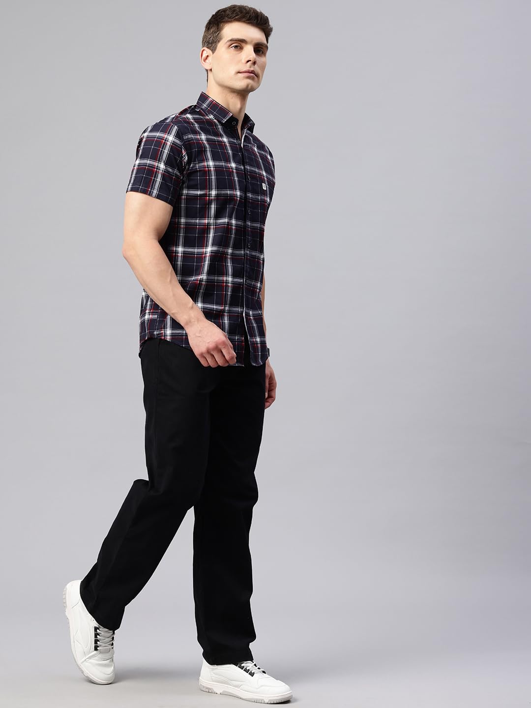 Majestic Man Checked Cotton Casual Shirt - Dark Blue - Image 5