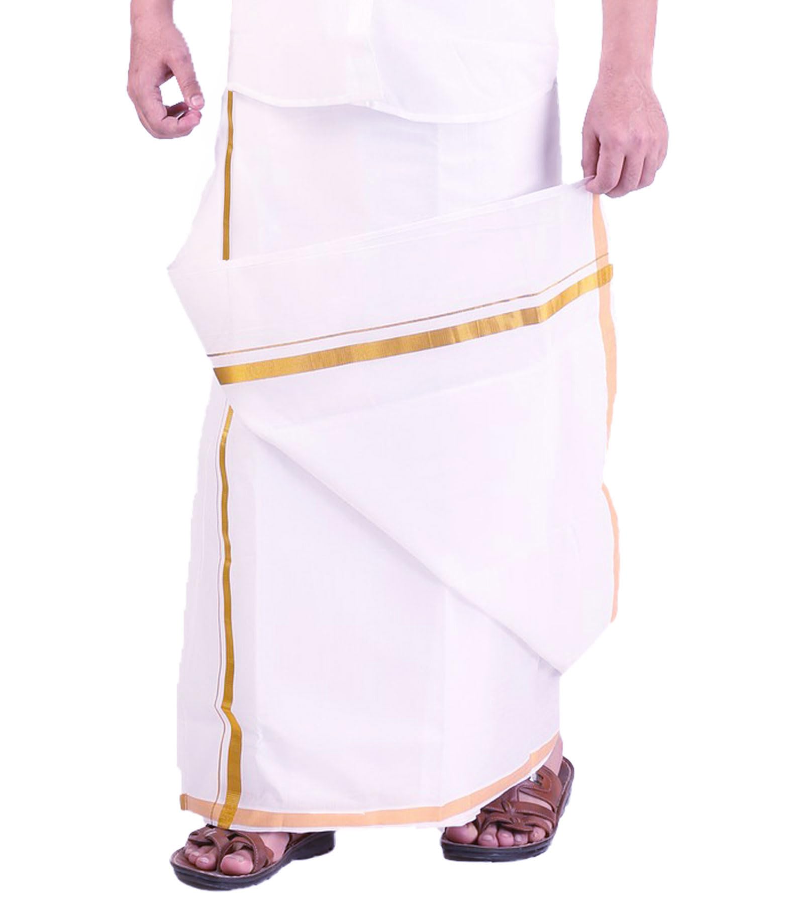 PRAKASAM Cotton Dhoti with Gold Jari Border - Image 4