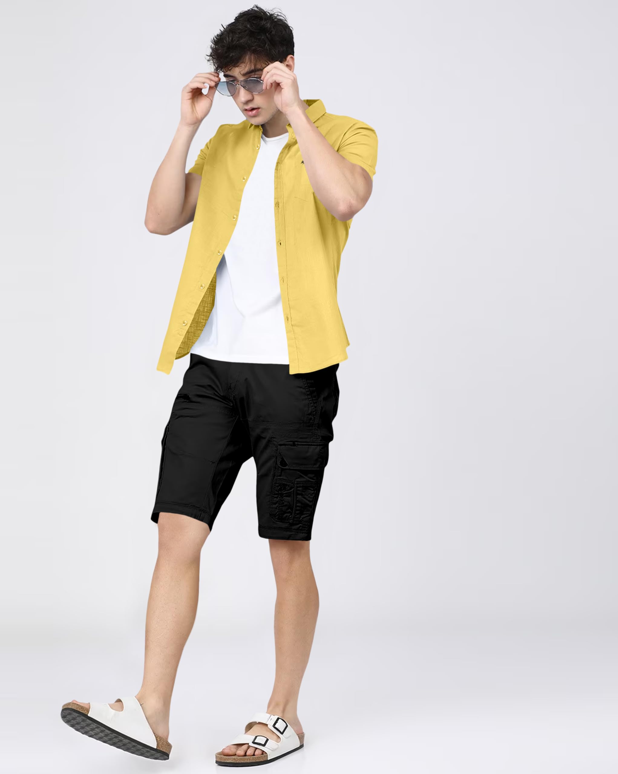 BRUCEWANE Men Cotton Half Sleeve Shirt - Lemon Yellow - Image 3