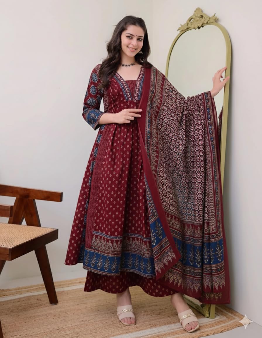 KLOSIA Anarkali Kurta Set for Women - Maroon - Image 4