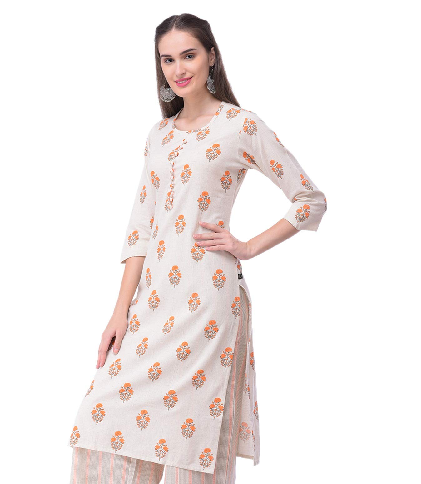 Pistaa Orange Printed Cotton Kurta for Women - Image 2