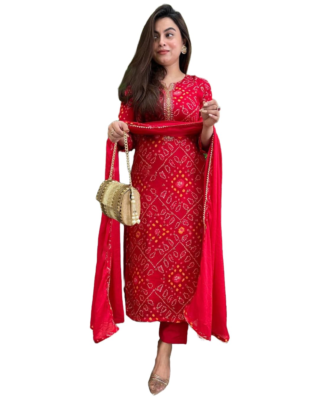 GoSriKi Red Rayon Bandhani Kurta Set