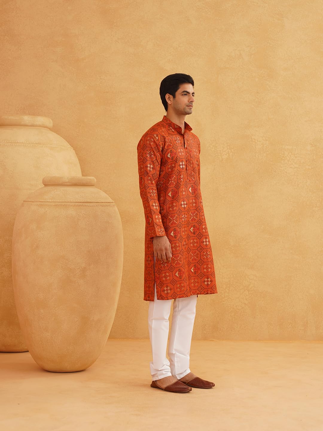 SOJANYA Men's Cotton Blend Kurta - Orange - Image 3