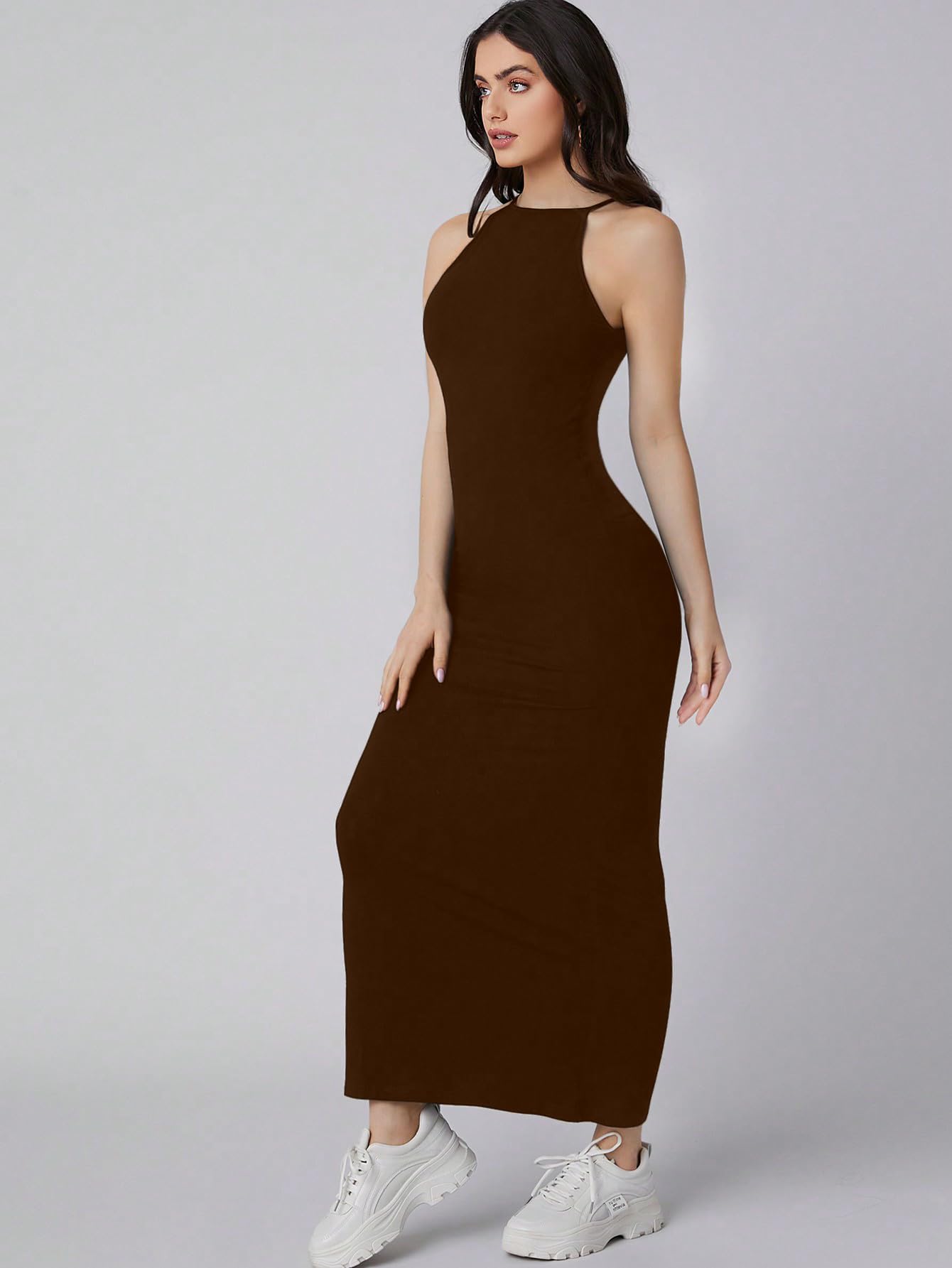 Aahwan Brown Halter Neck Bodycon Dress for Women - Image 3