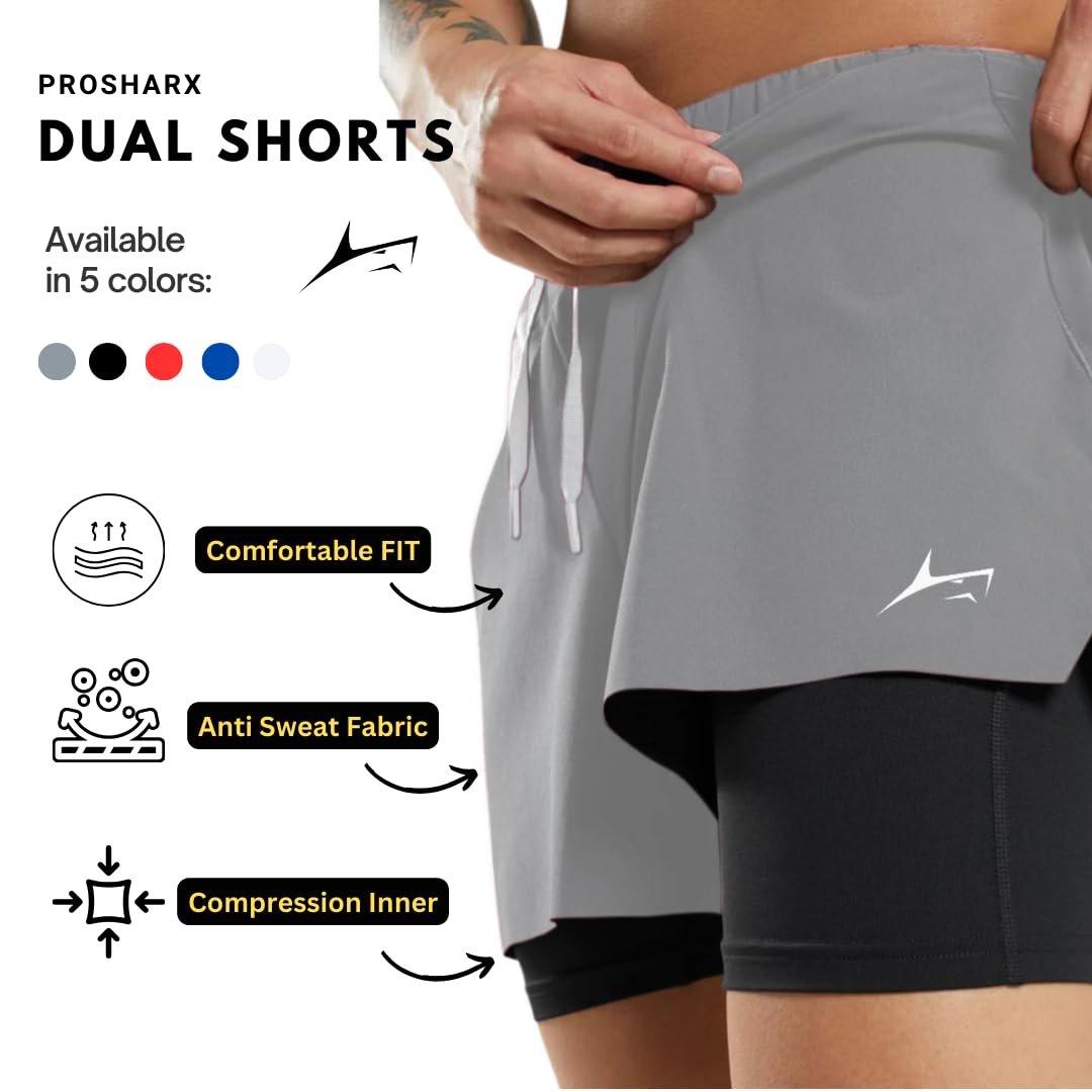 PROSHARX Men's Active Shorts with Inner Tights - Grey - Image 5