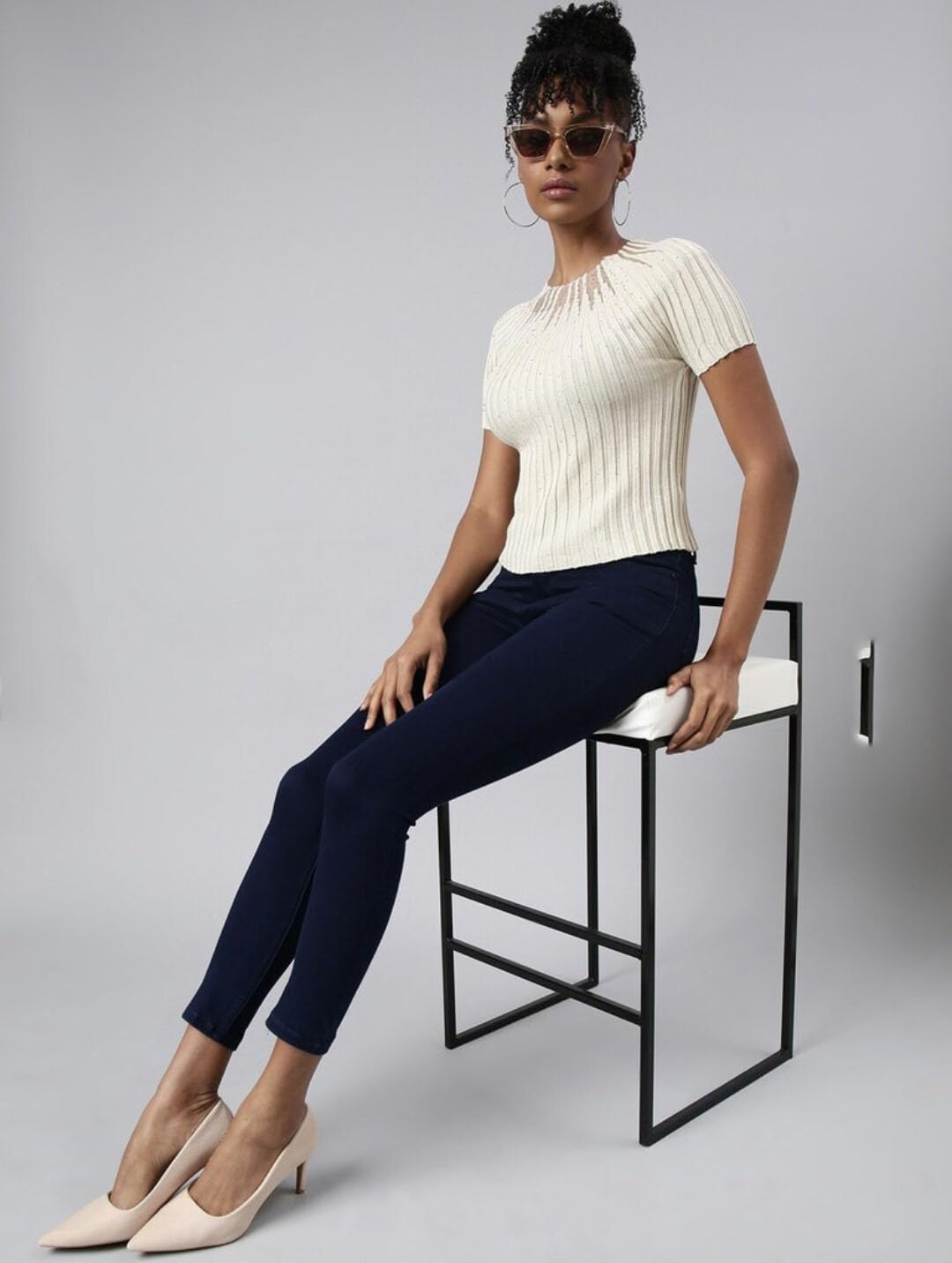 ICW Women Knit Rhinestone Embellished Mesh Crop Top - Image 3