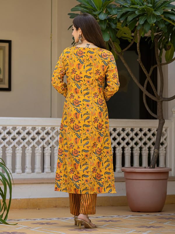 Kurta Pant Dupatta Set for Women - Yellow Floral - Image 4