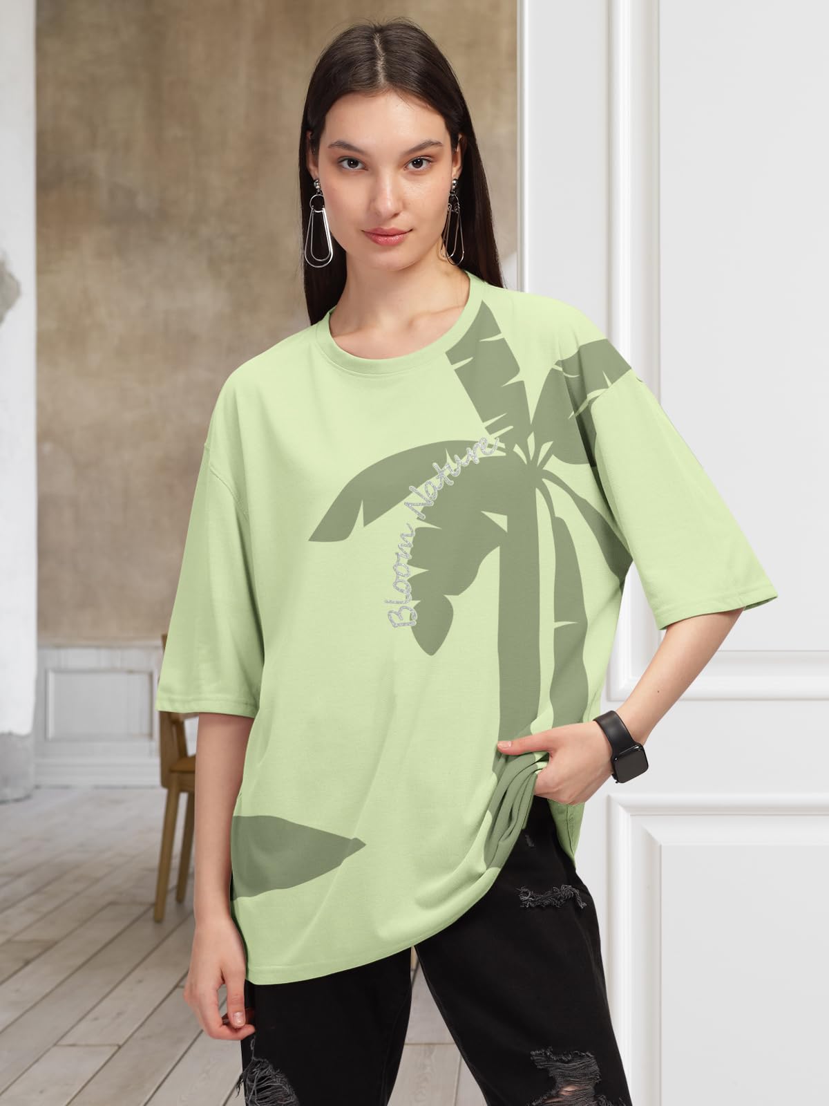 HELLCAT Women's Green Printed Oversized T-Shirt - Image 2