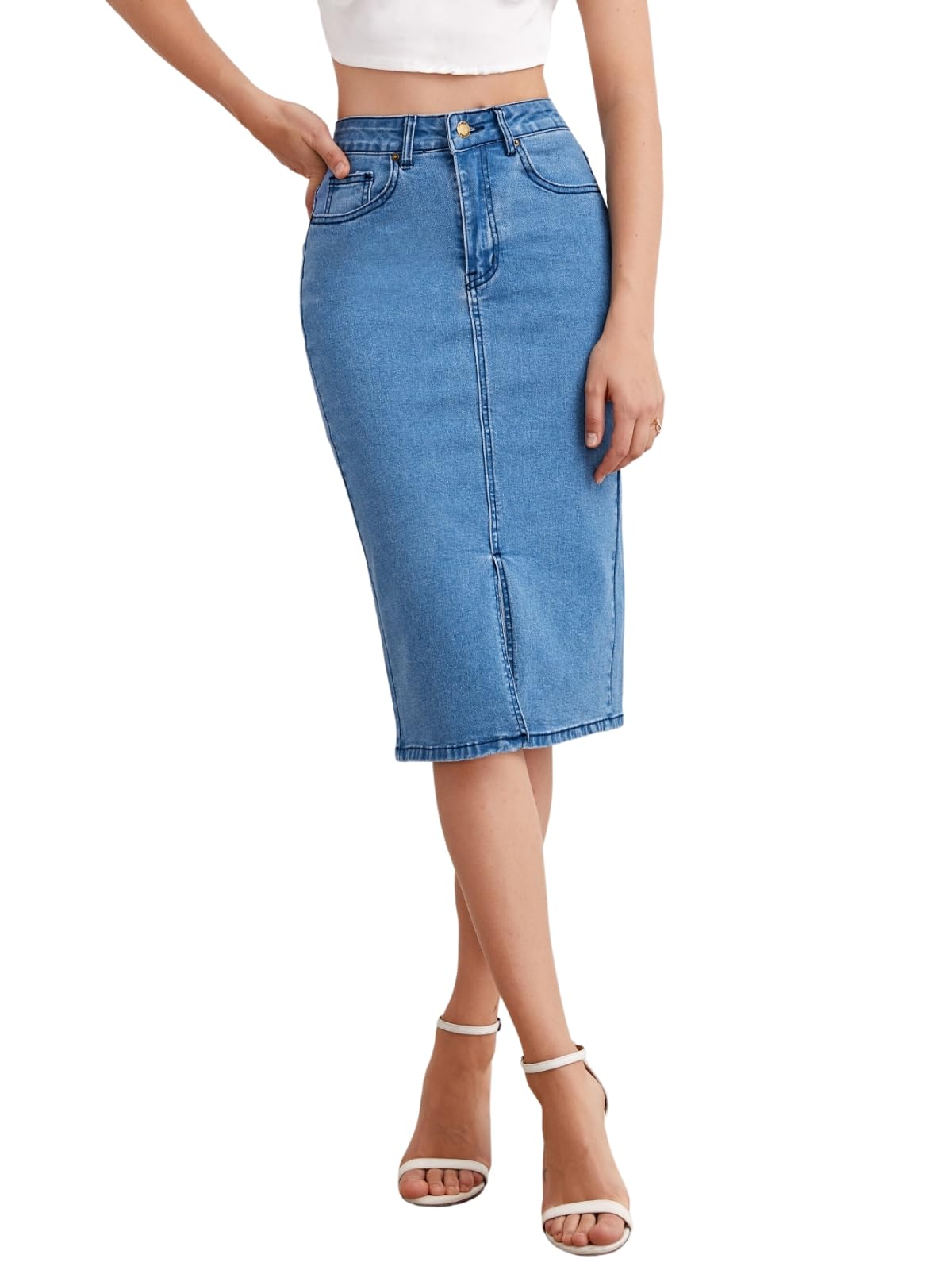 GRECIILOOKS Women's Denim Western Midi Skirt - Blue