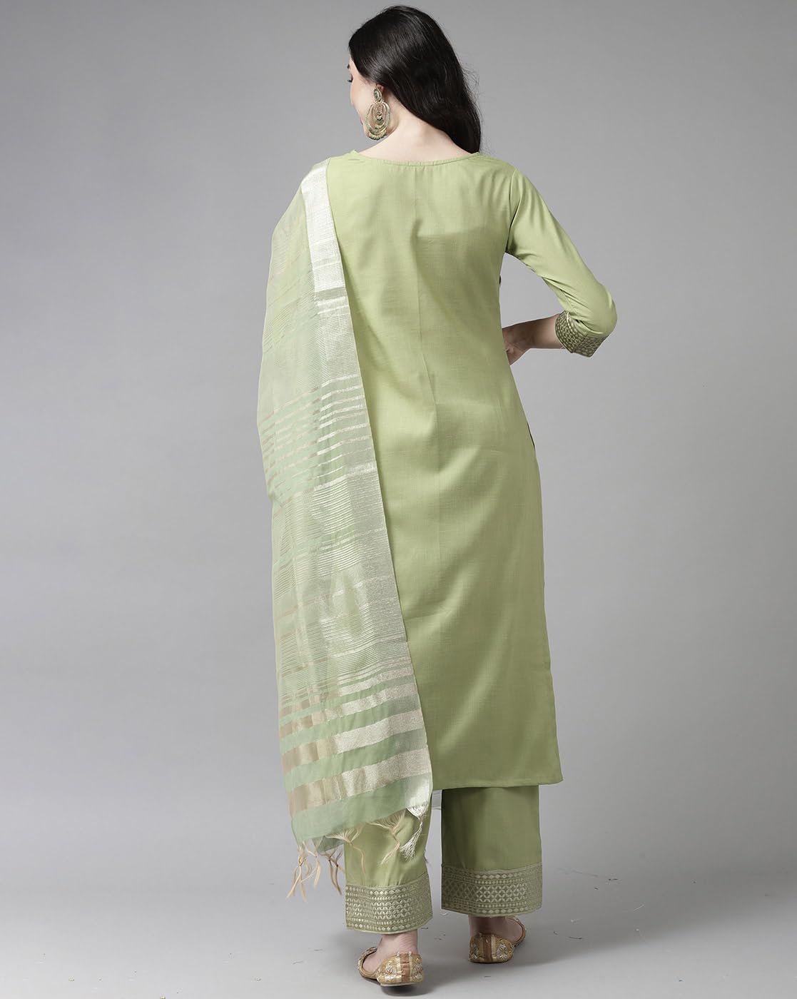 Green Cotton Kurta Pant Set with Dupatta for Women - Image 3