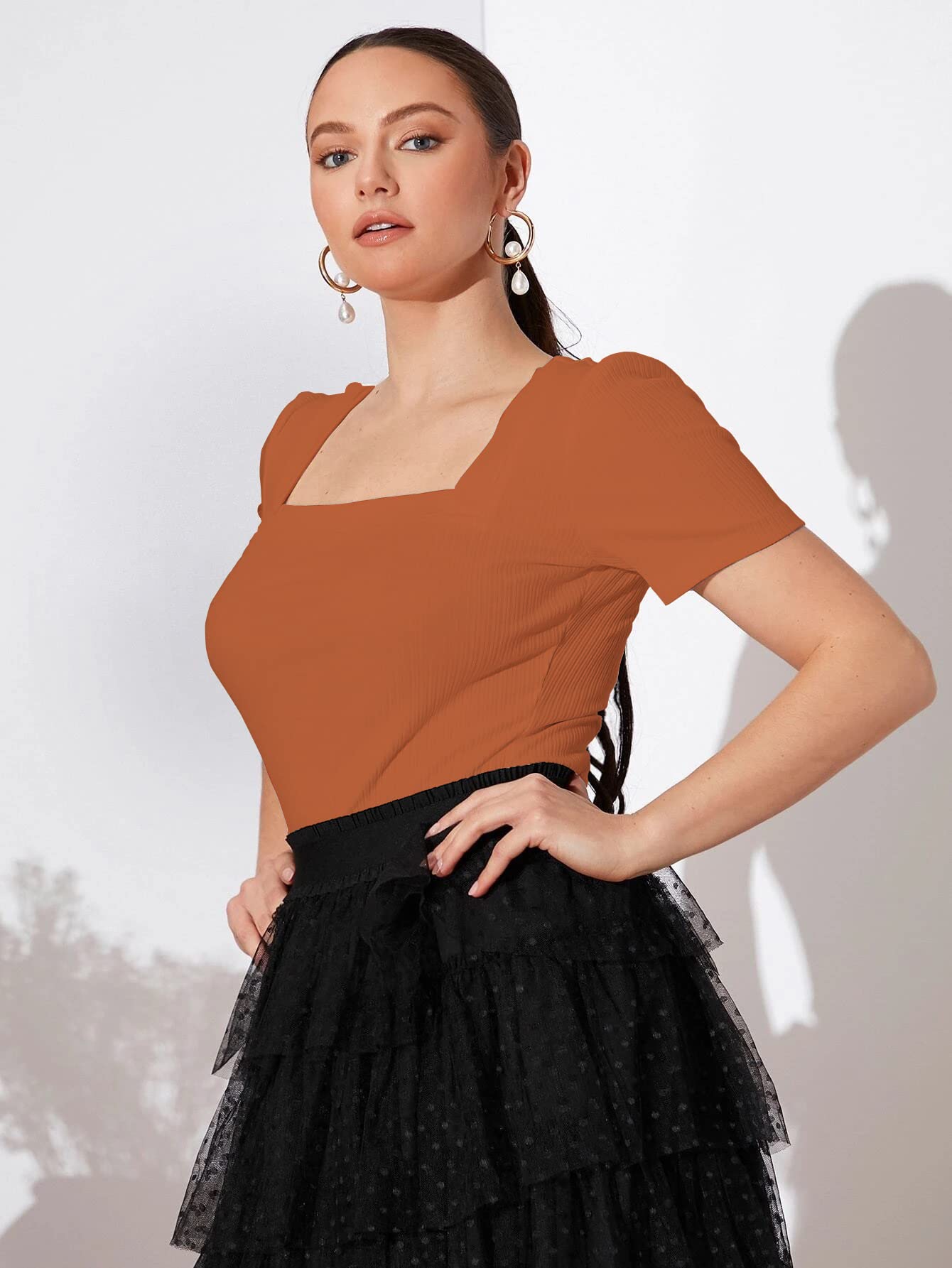 Shasmi Rust Square Neck T-Shirt for Women - Image 2