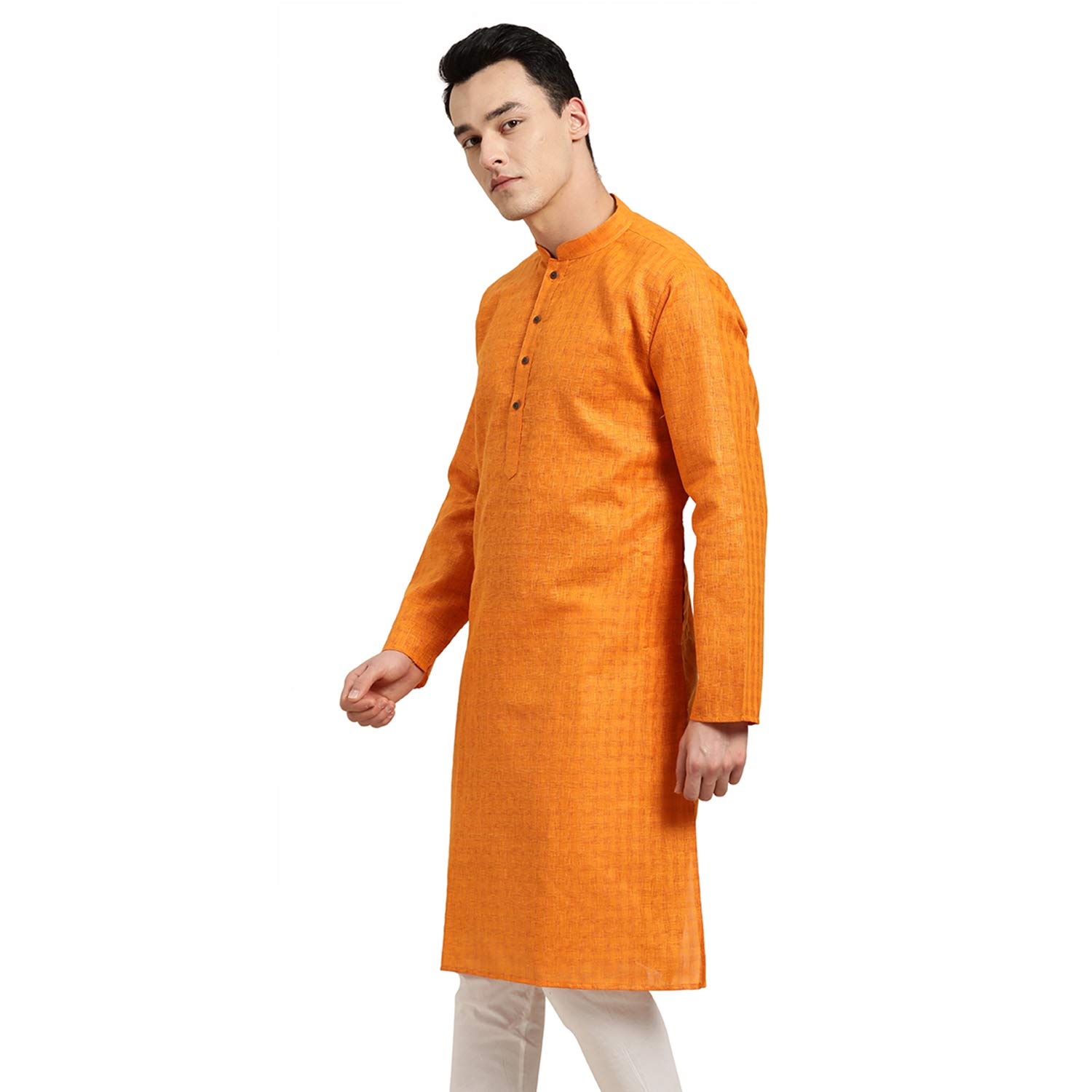 SOJANYA Men's Cotton Linen Checked Long Kurta - Orange - Image 3