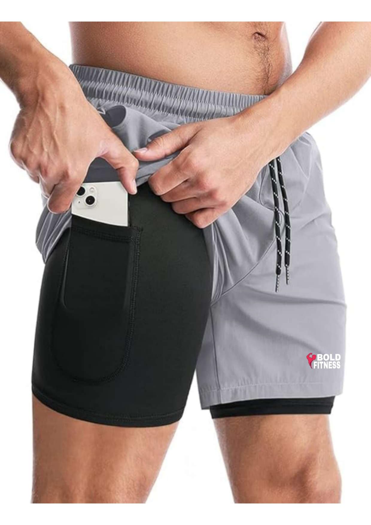 BOLD FITNESS Men's Grey Active Shorts with Inner Tights - Image 4