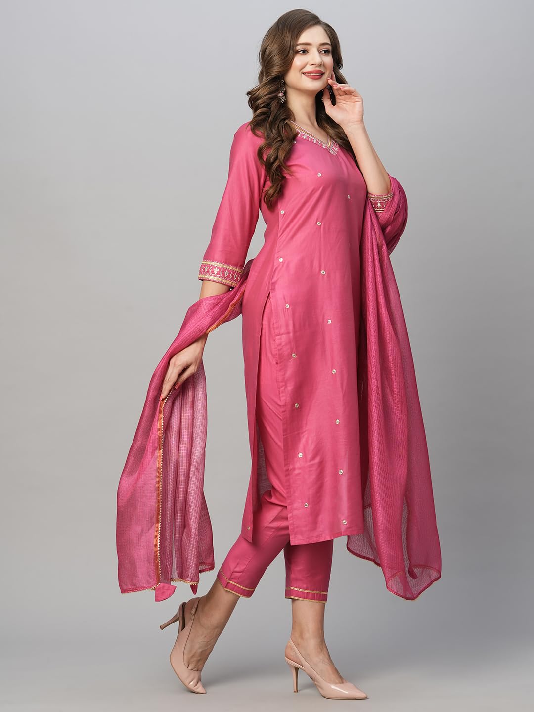 GoSriKi Women's Floral Kurta with Pant & Dupatta - Pink - Image 4
