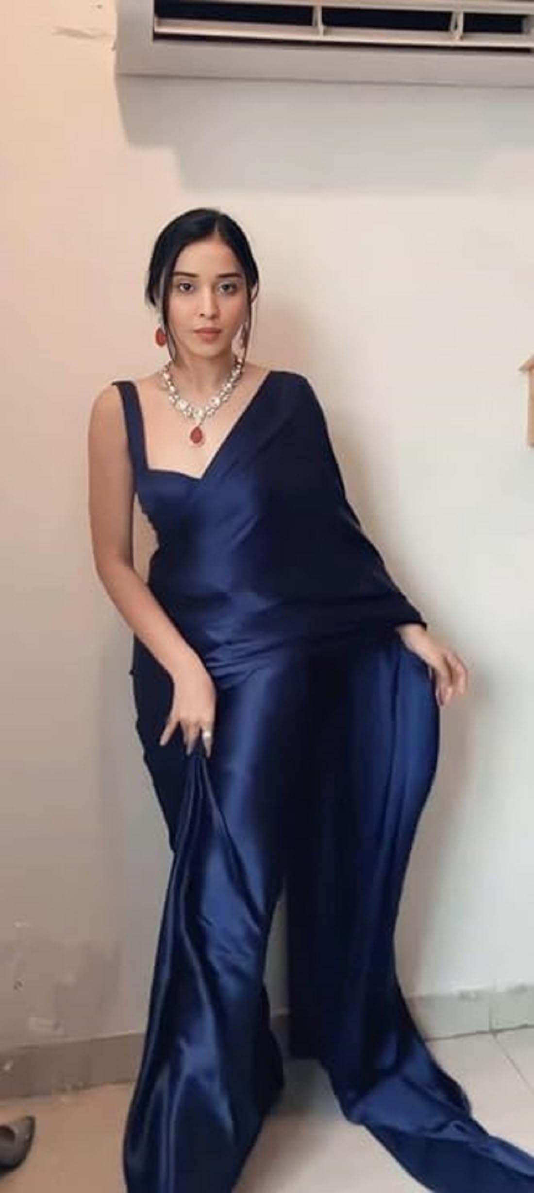 SHOPAZ Navy Blue Satin Silk Saree for Women - Image 4