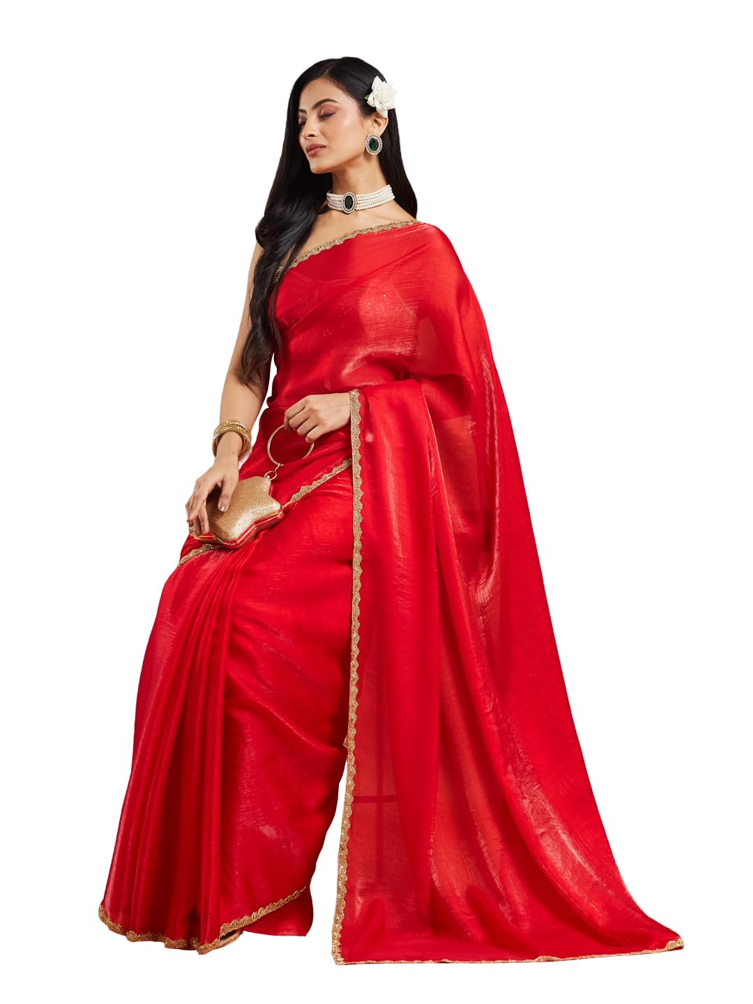 LOROFY Women's Two Tone Chiffon Saree - Red