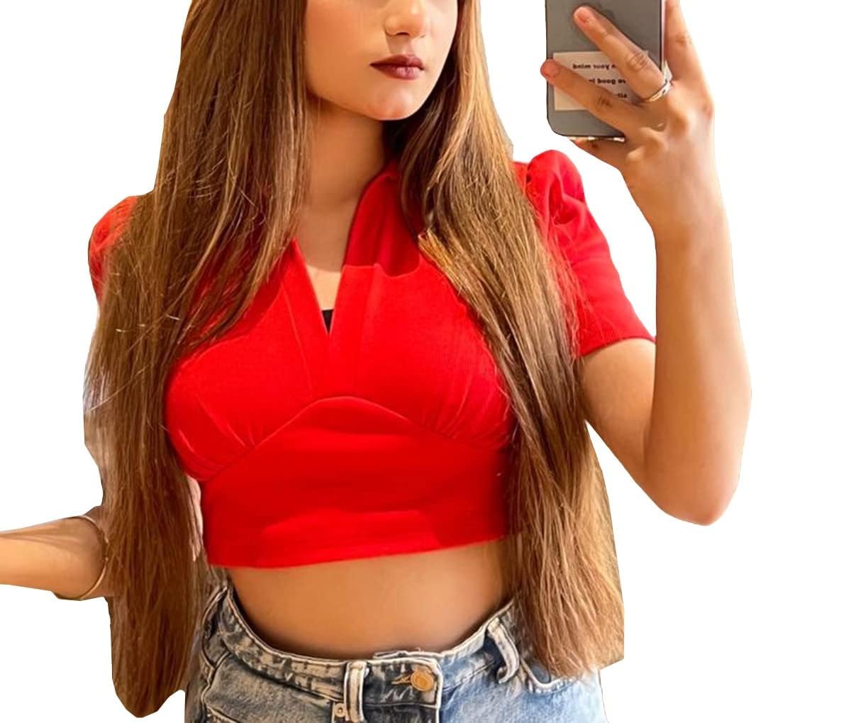 Istyle Women Solid V-Neck Crop Top
