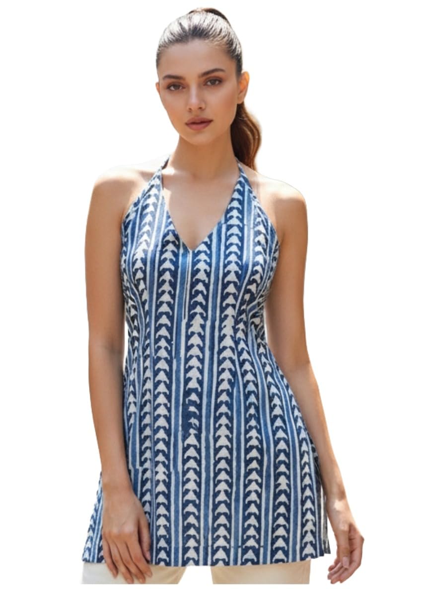 GoSriKi Women's A-Line Printed Kurti - Blue