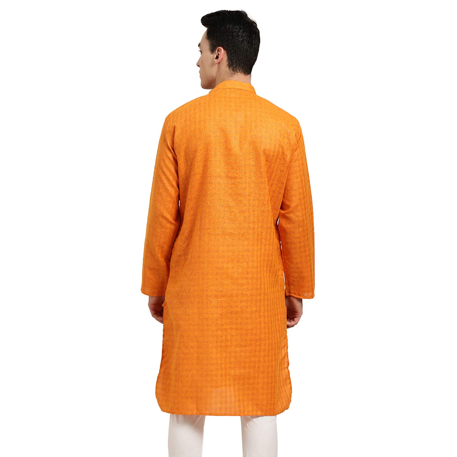SOJANYA Men's Cotton Linen Checked Long Kurta - Orange - Image 2