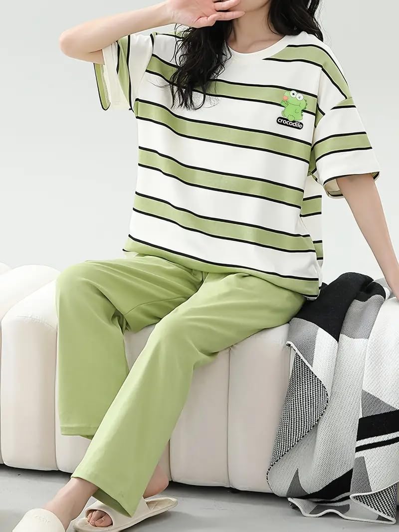 Louis Luxe Women's Cotton Blend Geometric Pajama Set - Green - Image 5