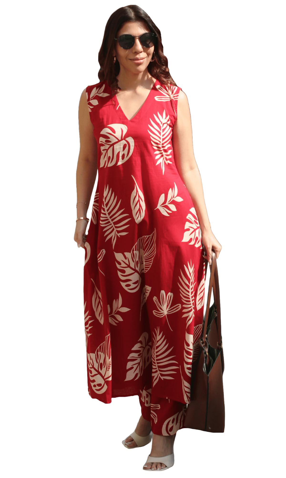 GoSriKi Women's A-Line Printed Kurta with Pant - Maroon