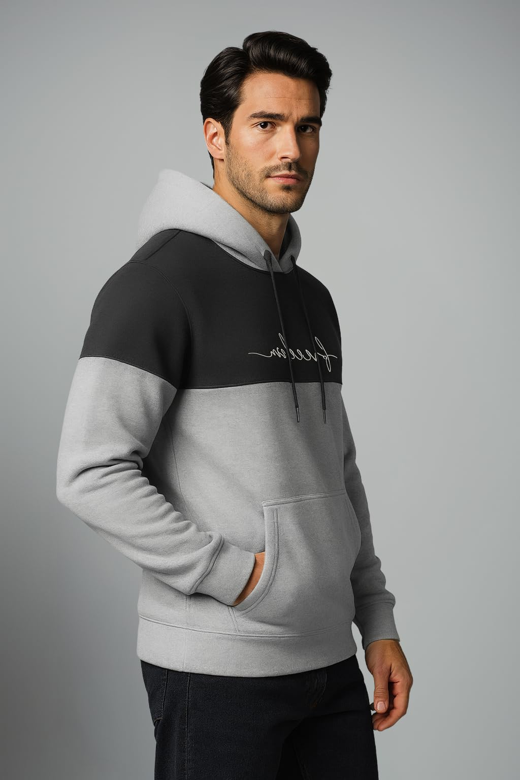 QUTUN Men's Color Block Hoodie Sweatshirt - Black Light Grey - Image 5
