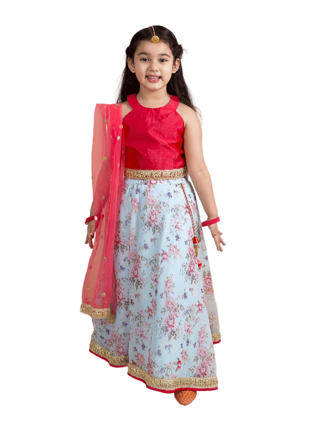 Pspeaches Girls Lehenga Choli - Red Blue Floral