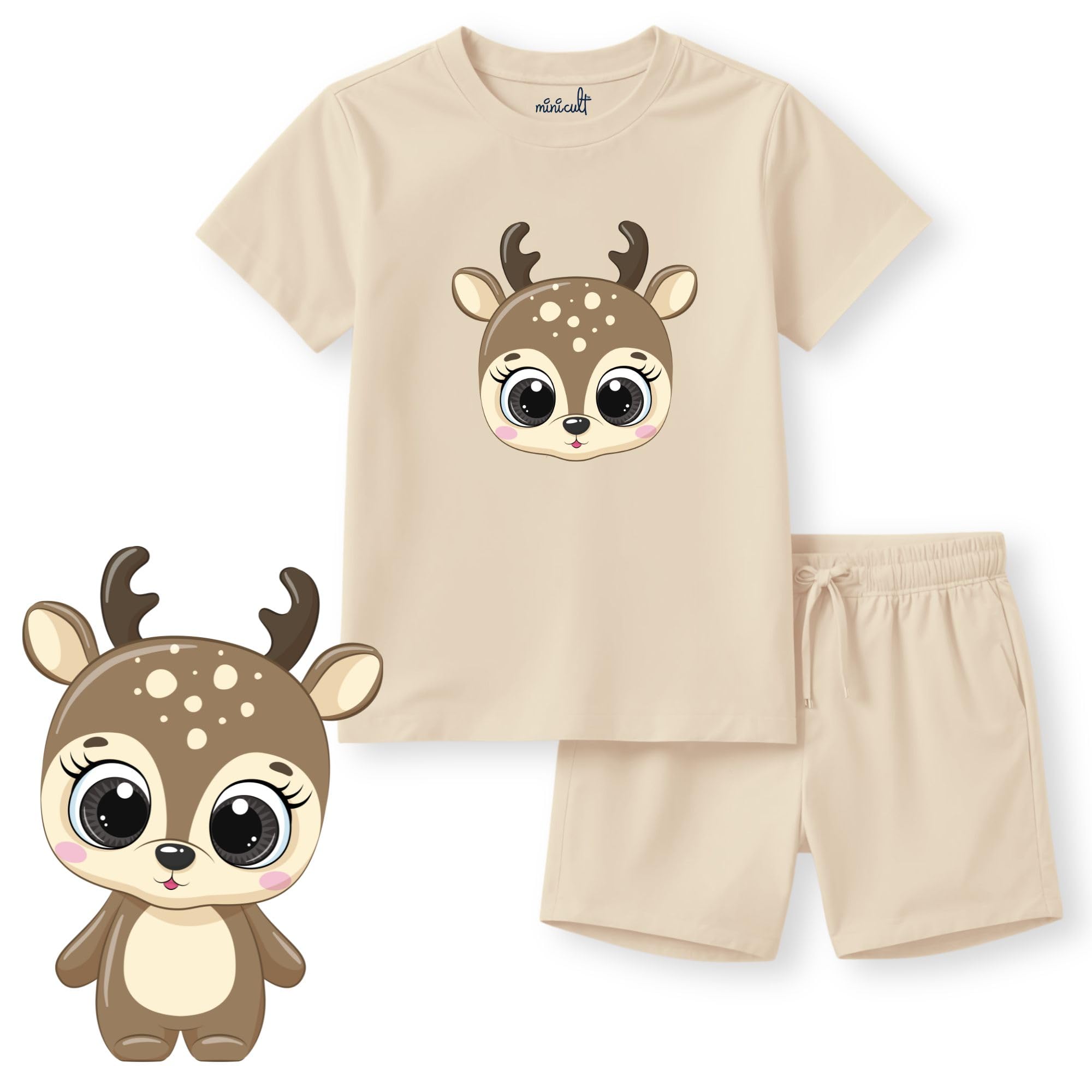 minicult Kids Cotton Shorts with Tshirt - Beige Blue - Image 2