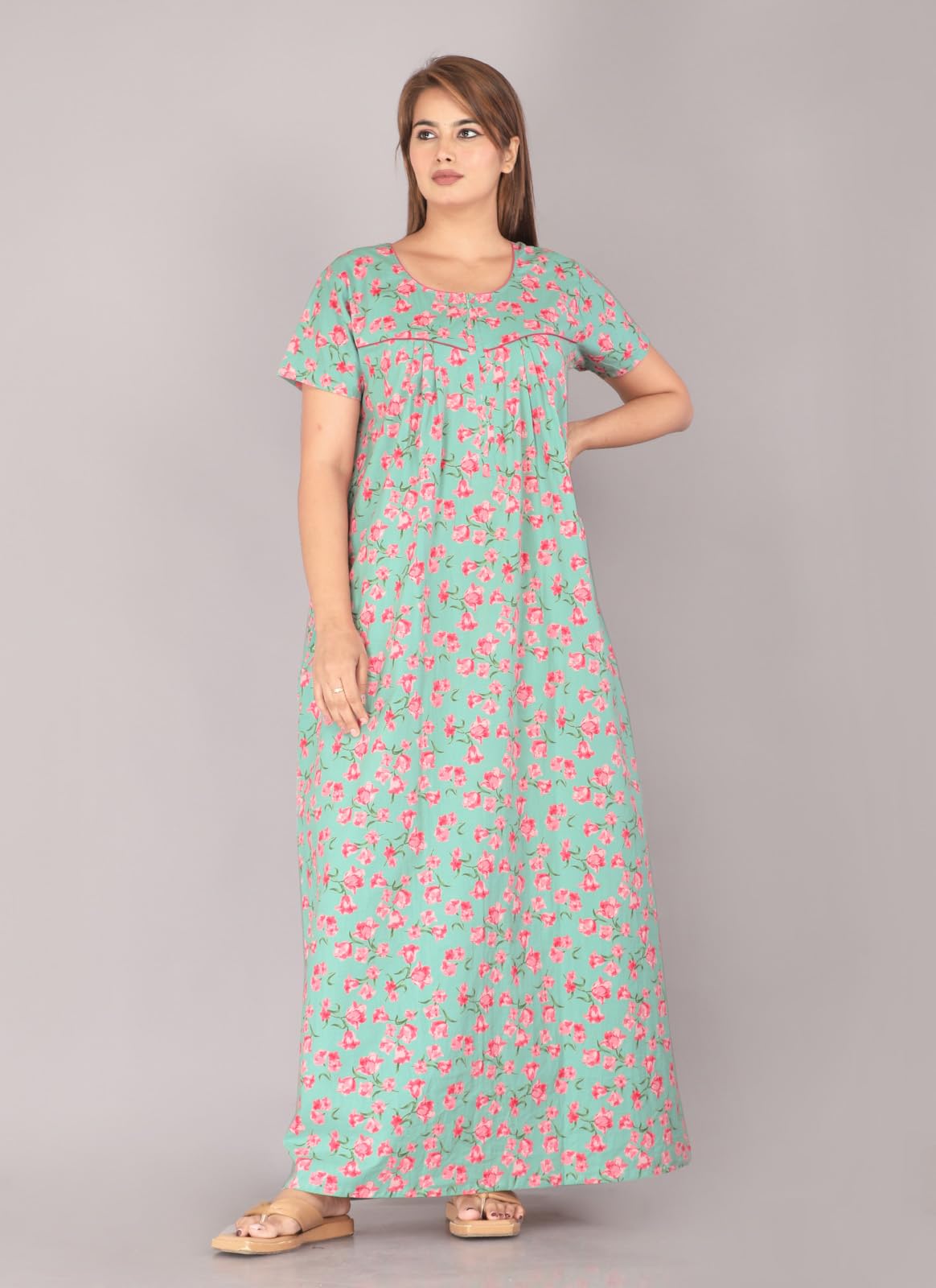 Urali Women's Printed Cotton Maxi Night Gown - Sea Green - Image 2