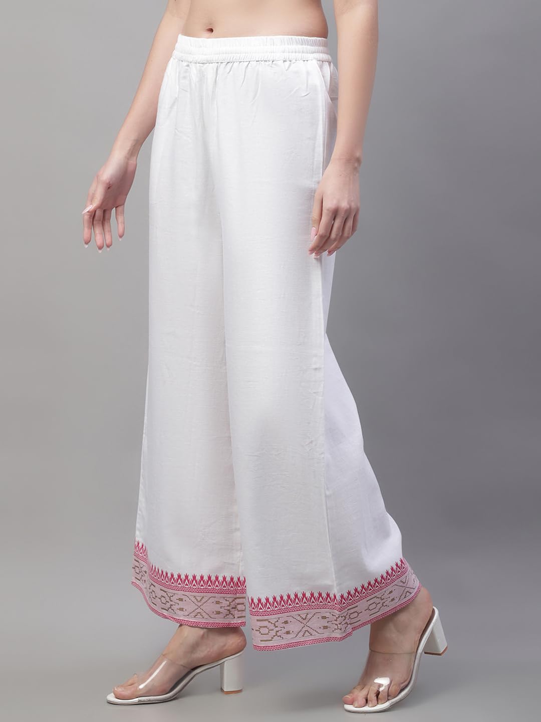 Pistaa Women Cotton Flair Printed Palazzo - White Pink - Image 4