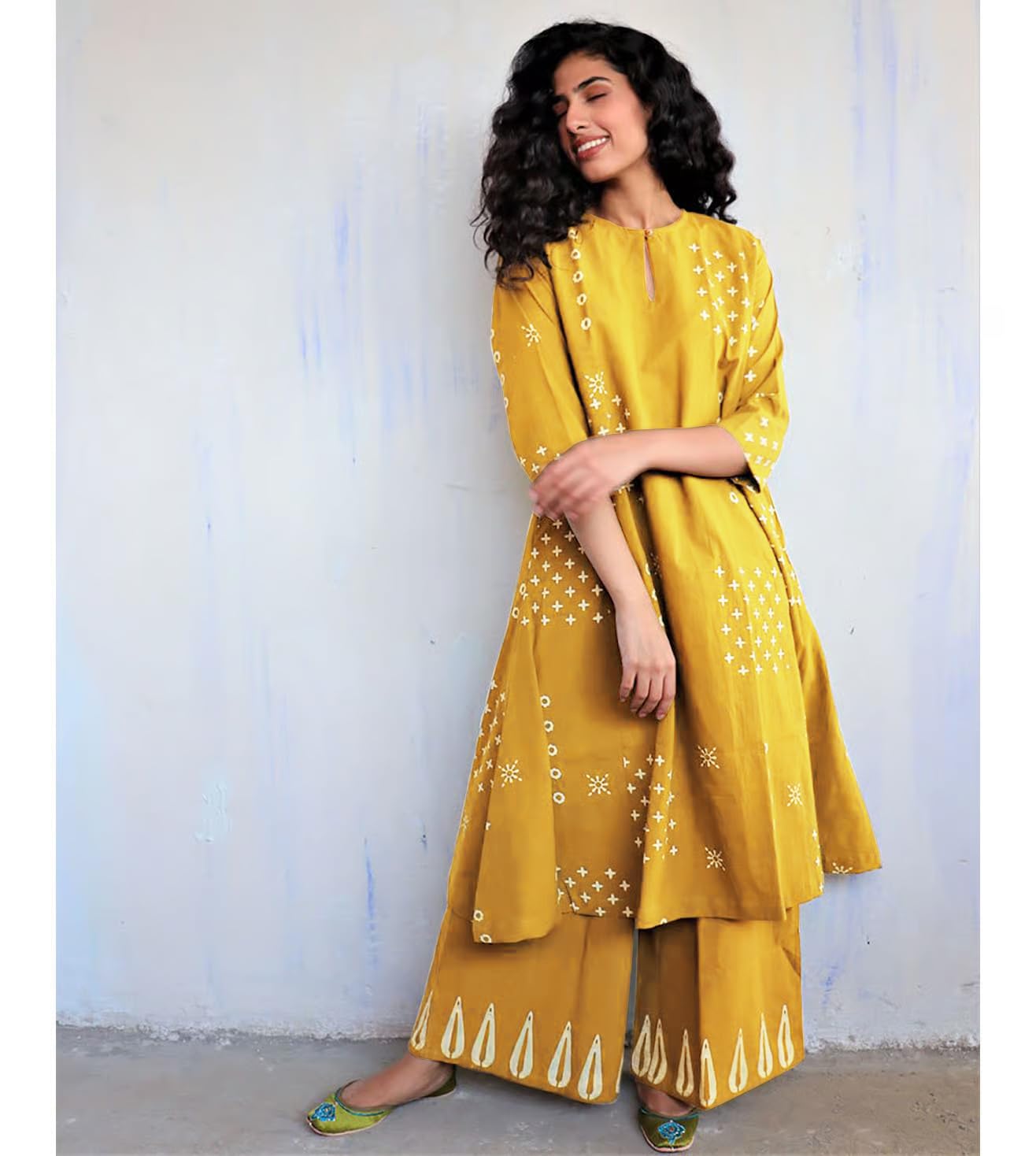 GoSriKi Women's Yellow A-Line Kurta with Palazzo - Image 4