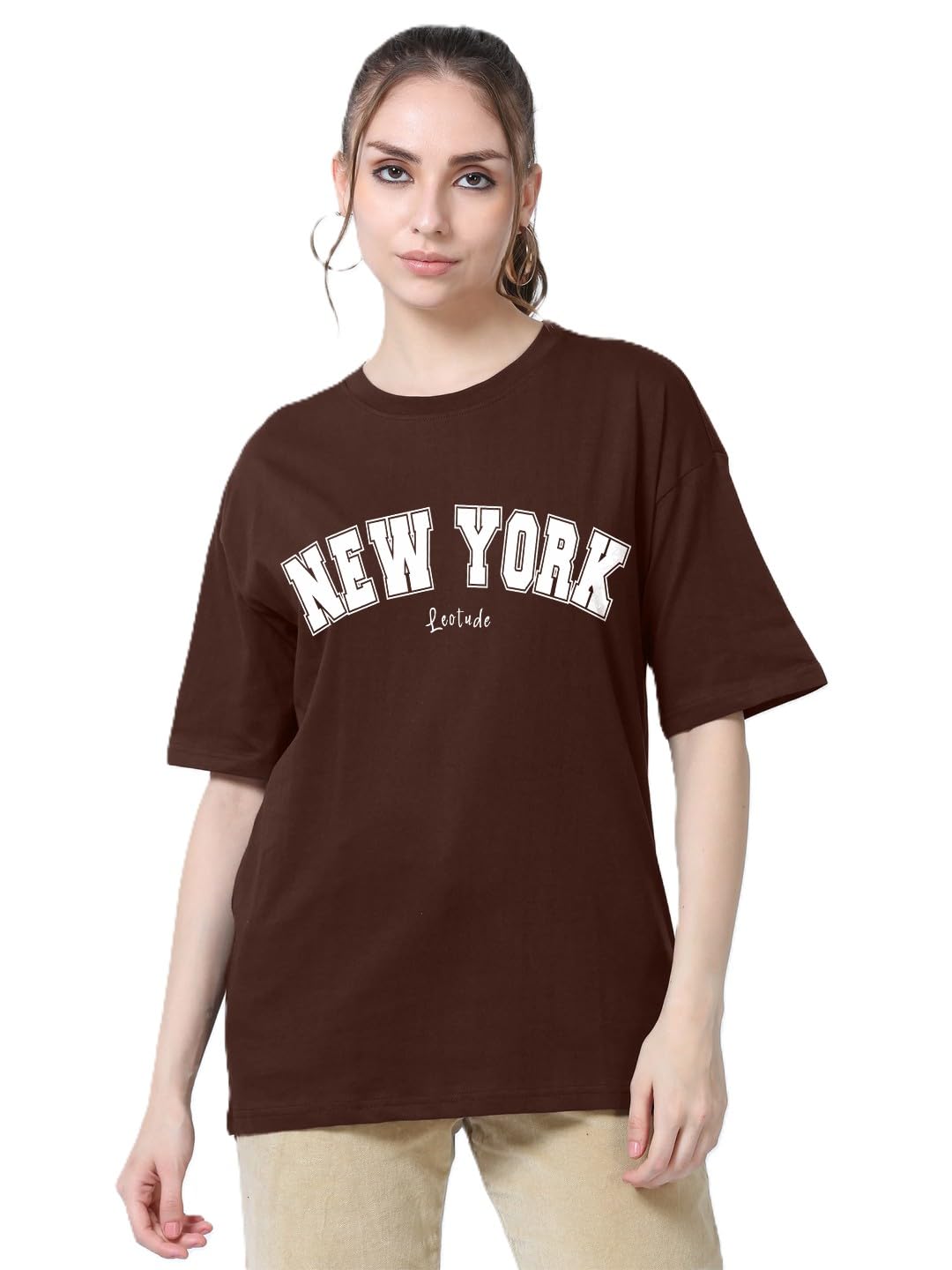 LEOTUDE Womens Half Sleeve Oversized T-Shirt - Brown - Image 2