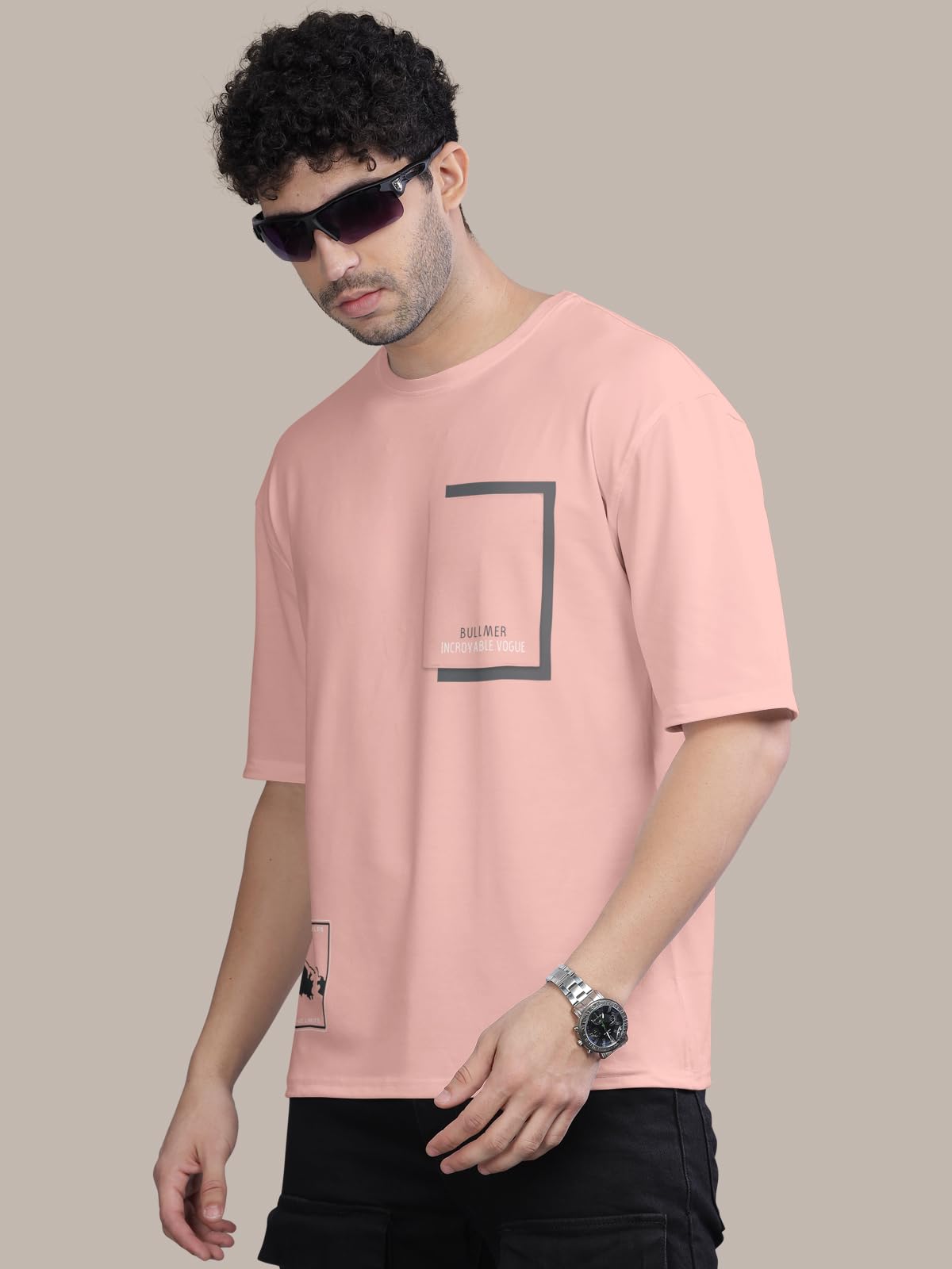 BULLMER Front Printed Round Neck T-shirt for Men - Peach - Image 5