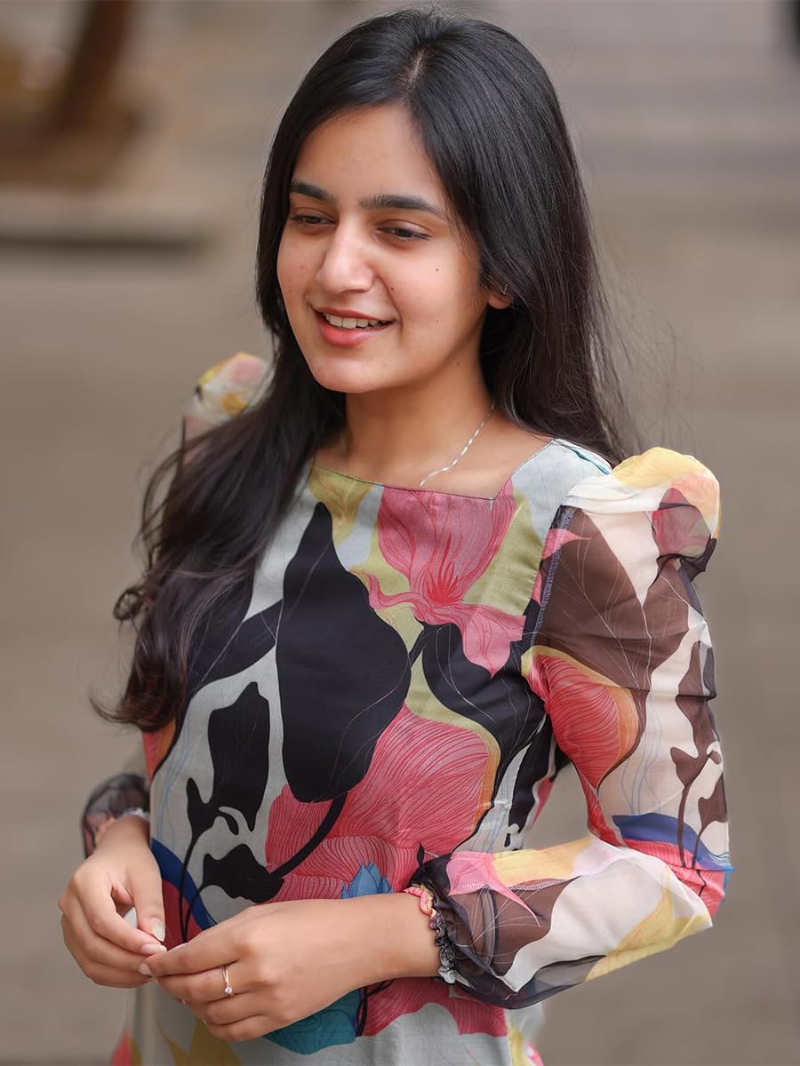 Black Organza Straight Kurti with Floral Print - Image 2