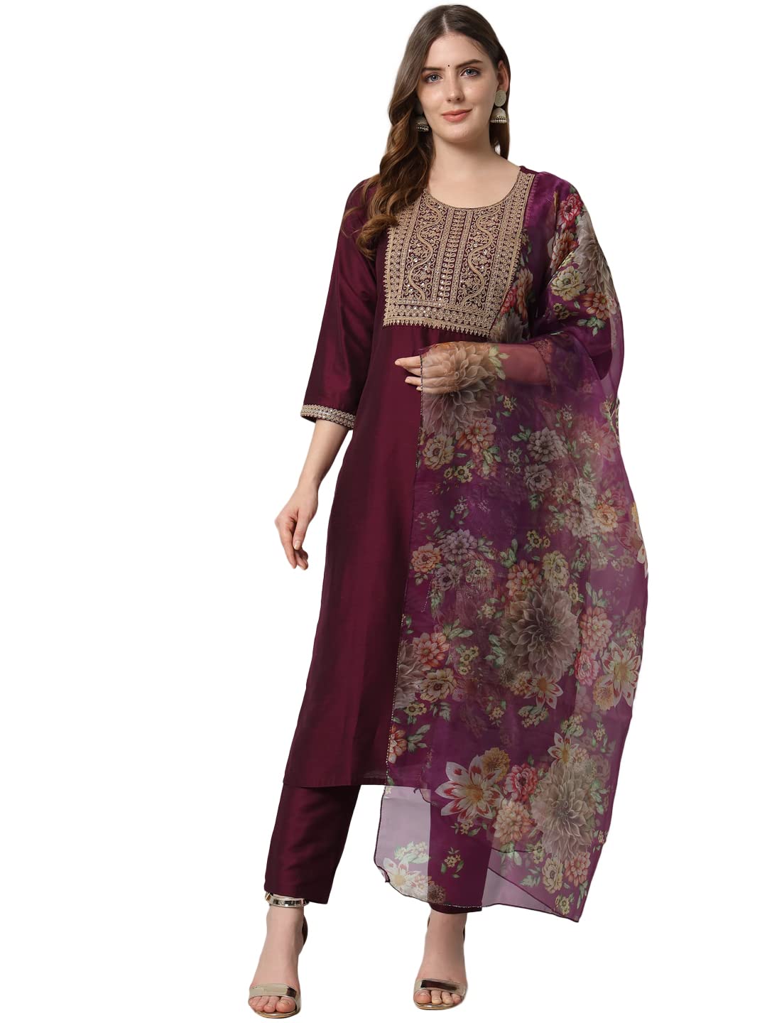 VredeVogel Women's Embroidered Floral Kurta Set - Purple